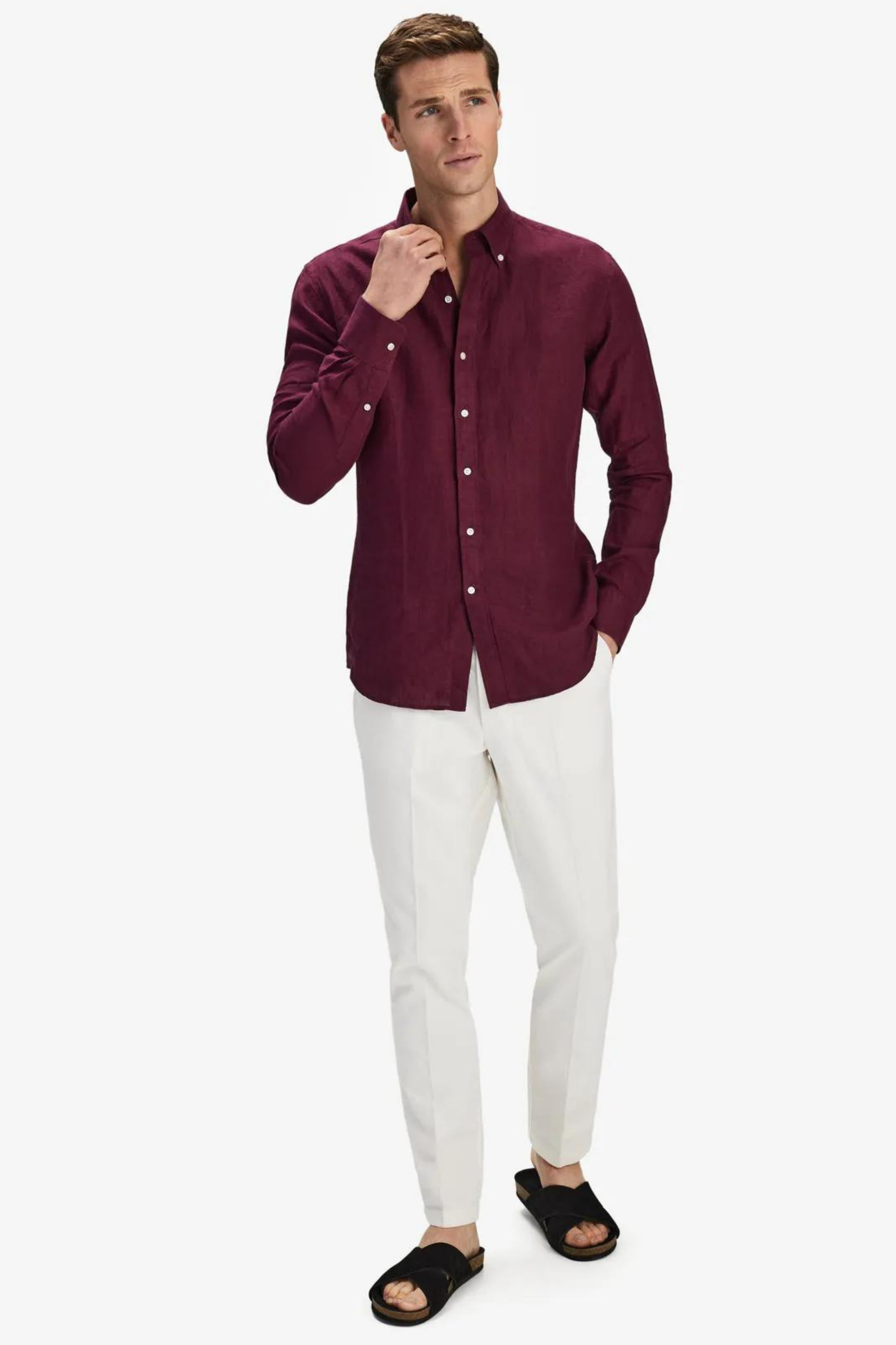 Bordo %100 Keten Düğmeli Yaka Casual Modern Fit Cepsiz Gömlek
