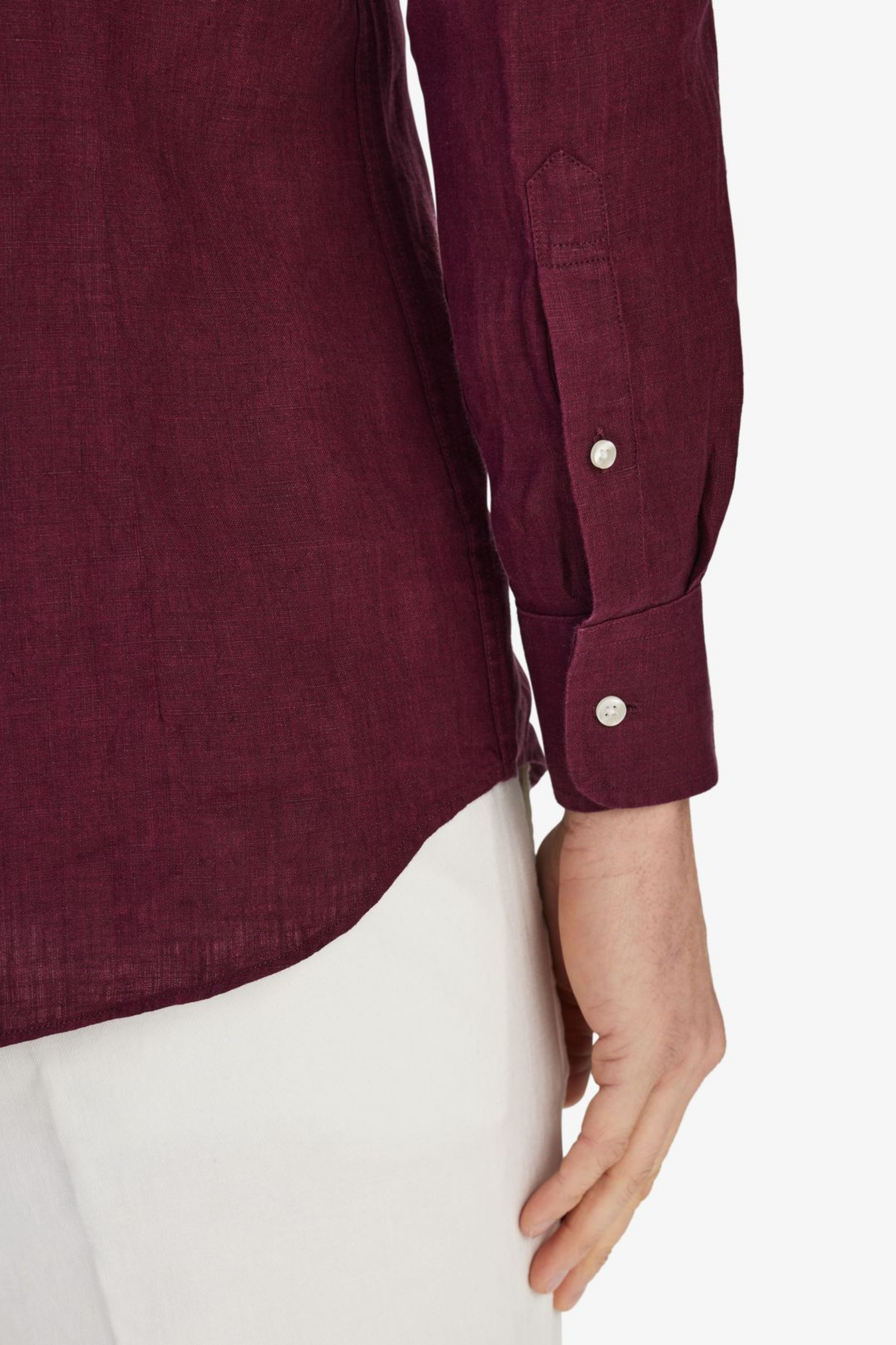 Bordo %100 Keten Düğmeli Yaka Casual Modern Fit Cepsiz Gömlek