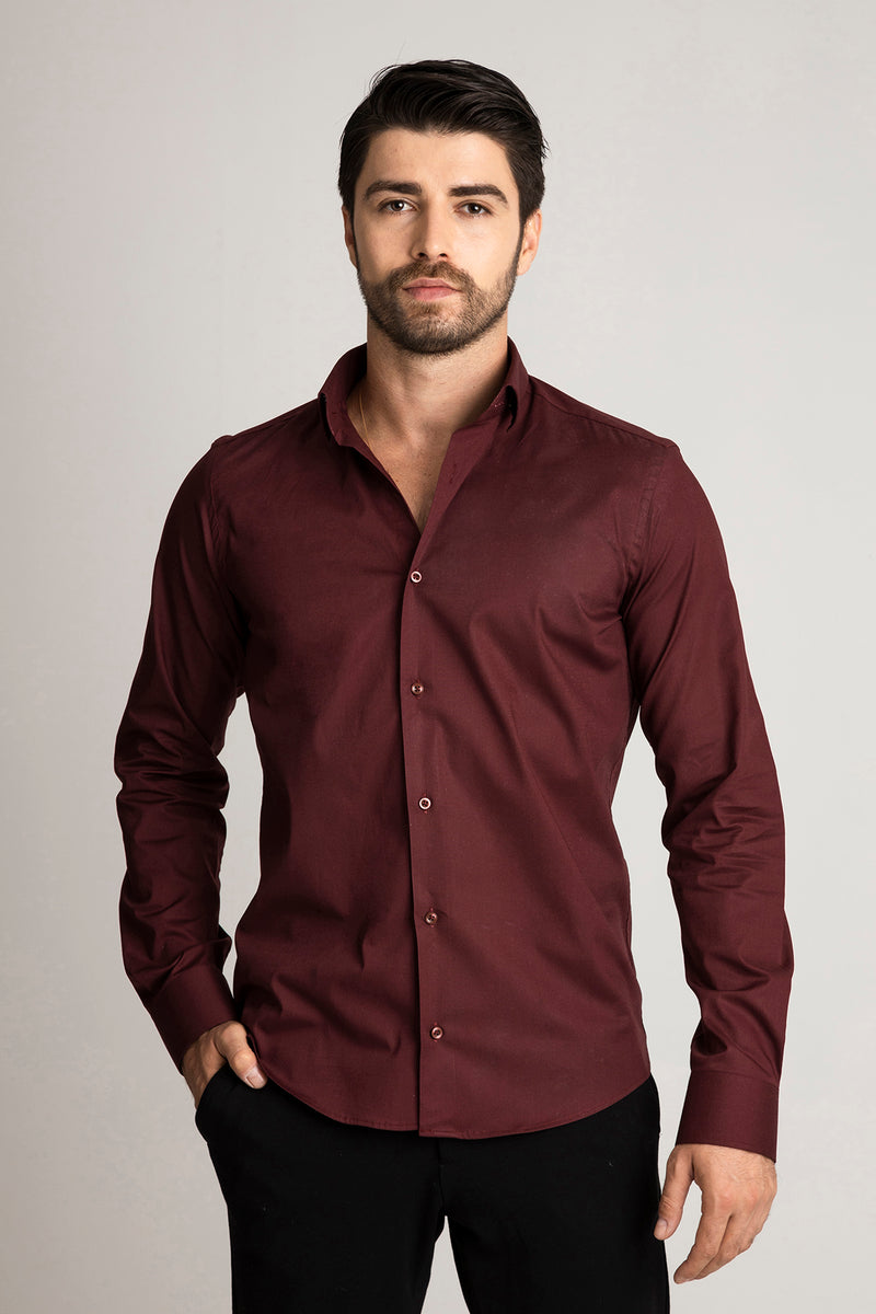 Bordo %100 Pamuk Saten Non-Iron Ütü İstemeyen Casual Cepsiz Modern Fit Gömlek