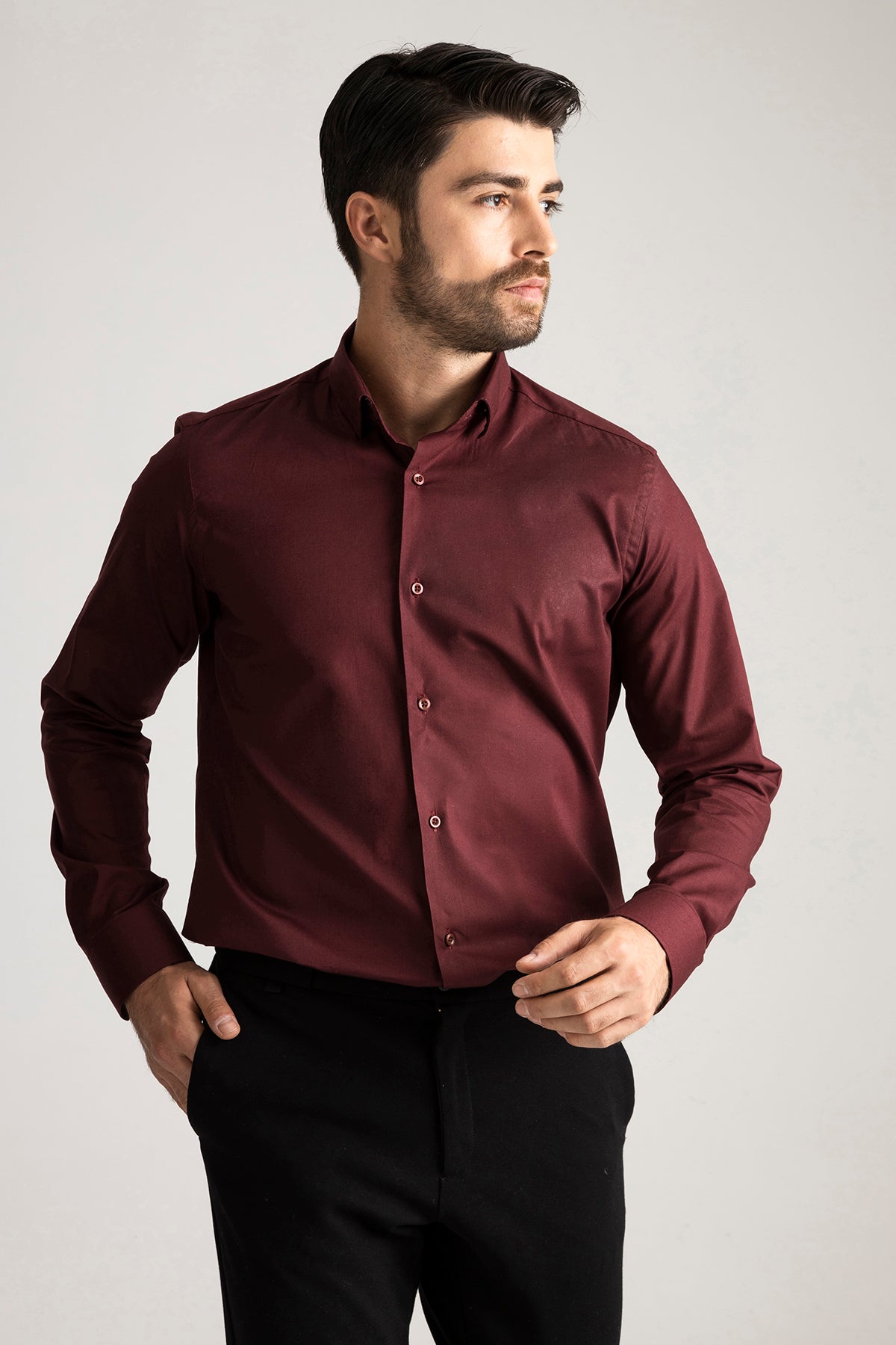 Bordo %100 Pamuk Saten Non-Iron Ütü İstemeyen Casual Cepsiz Modern Fit Gömlek