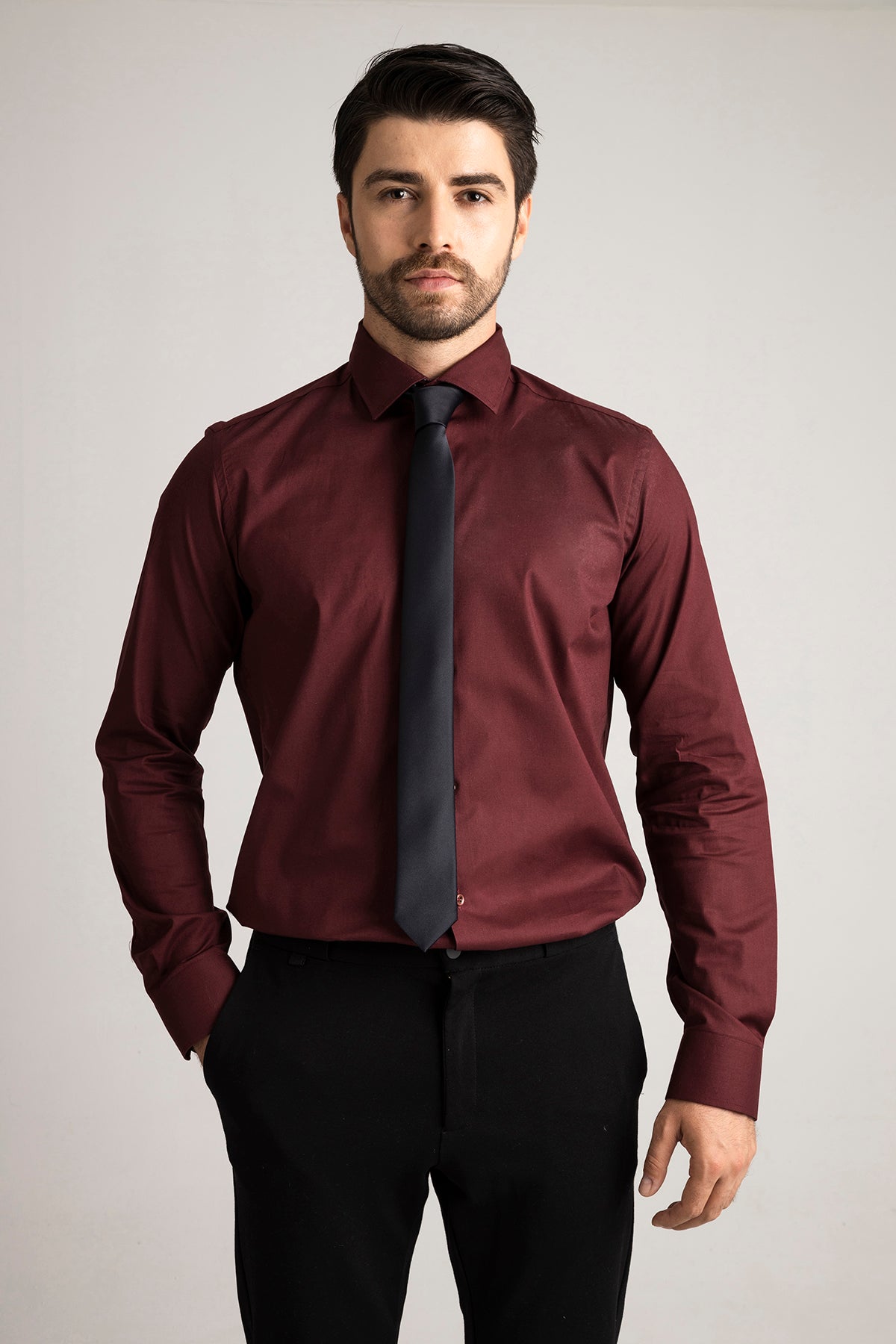 Bordo %100 Pamuk Saten Non-Iron Ütü İstemeyen Casual Cepsiz Modern Fit Gömlek
