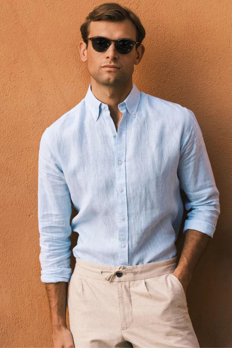 Bebek Mavisi %100 Keten Düğmeli Yaka Casual Modern Fit Cepsiz Gömlek