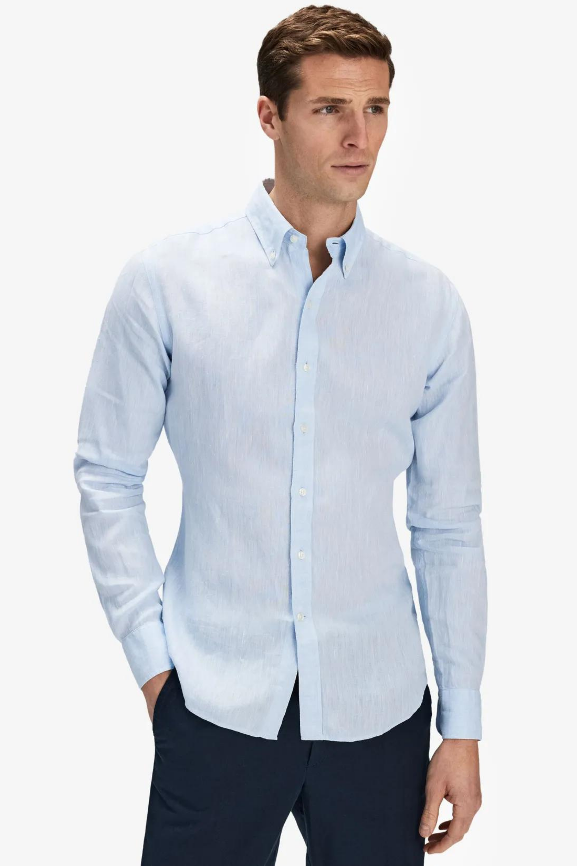 Bebek Mavisi %100 Keten Düğmeli Yaka Casual Modern Fit Cepsiz Gömlek