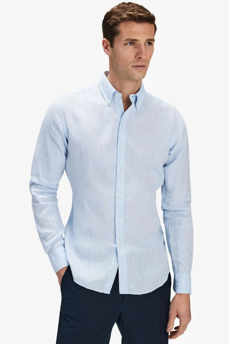Bebek Mavisi %100 Keten Düğmeli Yaka Casual Modern Fit Cepsiz Gömlek