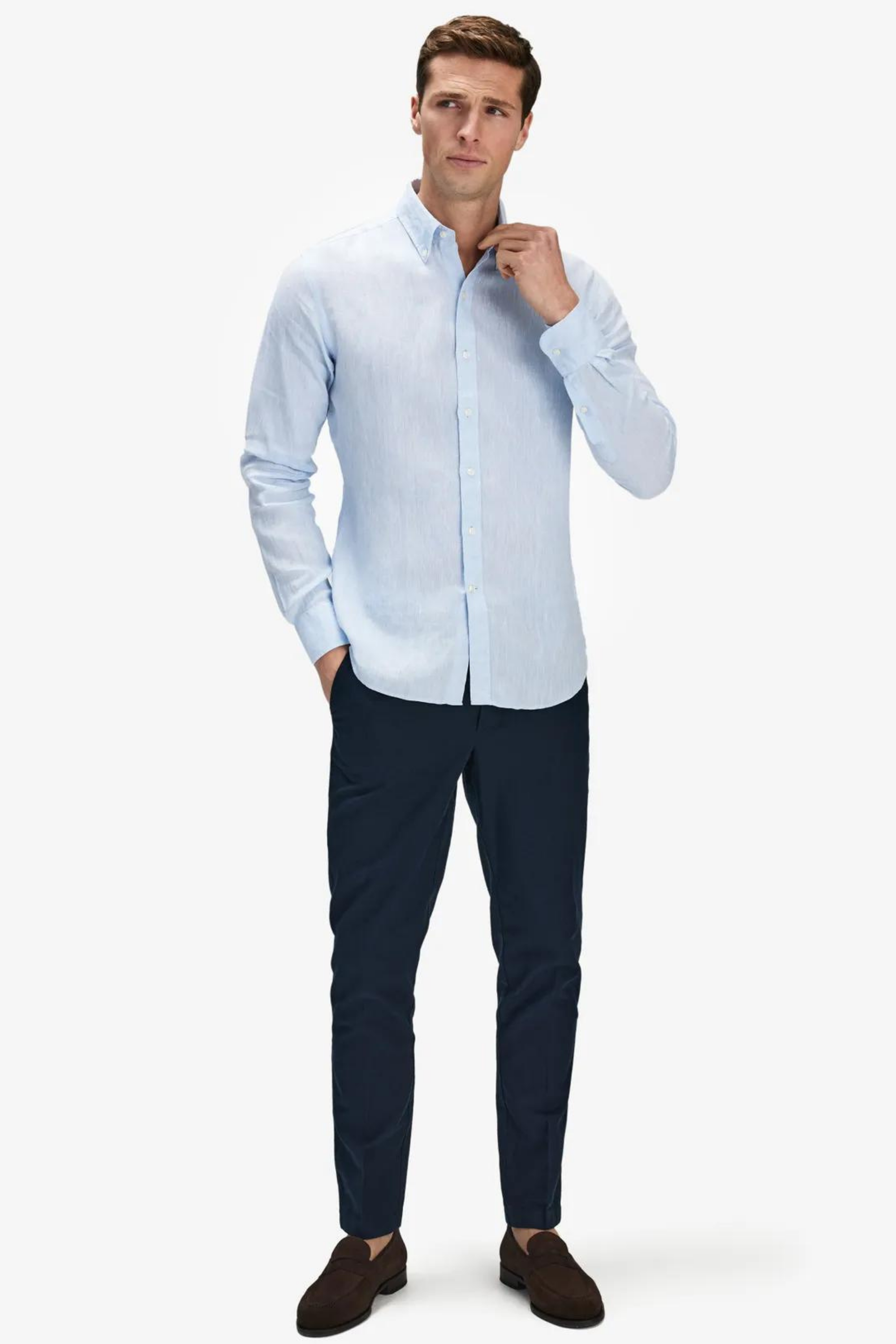 Bebek Mavisi %100 Keten Düğmeli Yaka Casual Modern Fit Cepsiz Gömlek