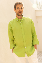 Fıstık Yeşili %100 Keten Düğmeli Yaka Casual Modern Fit Cepsiz Gömlek