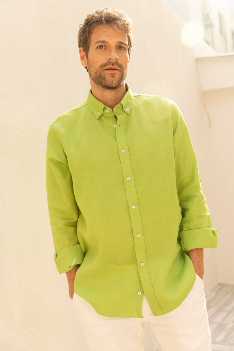 Fıstık Yeşili %100 Keten Düğmeli Yaka Casual Modern Fit Cepsiz Gömlek
