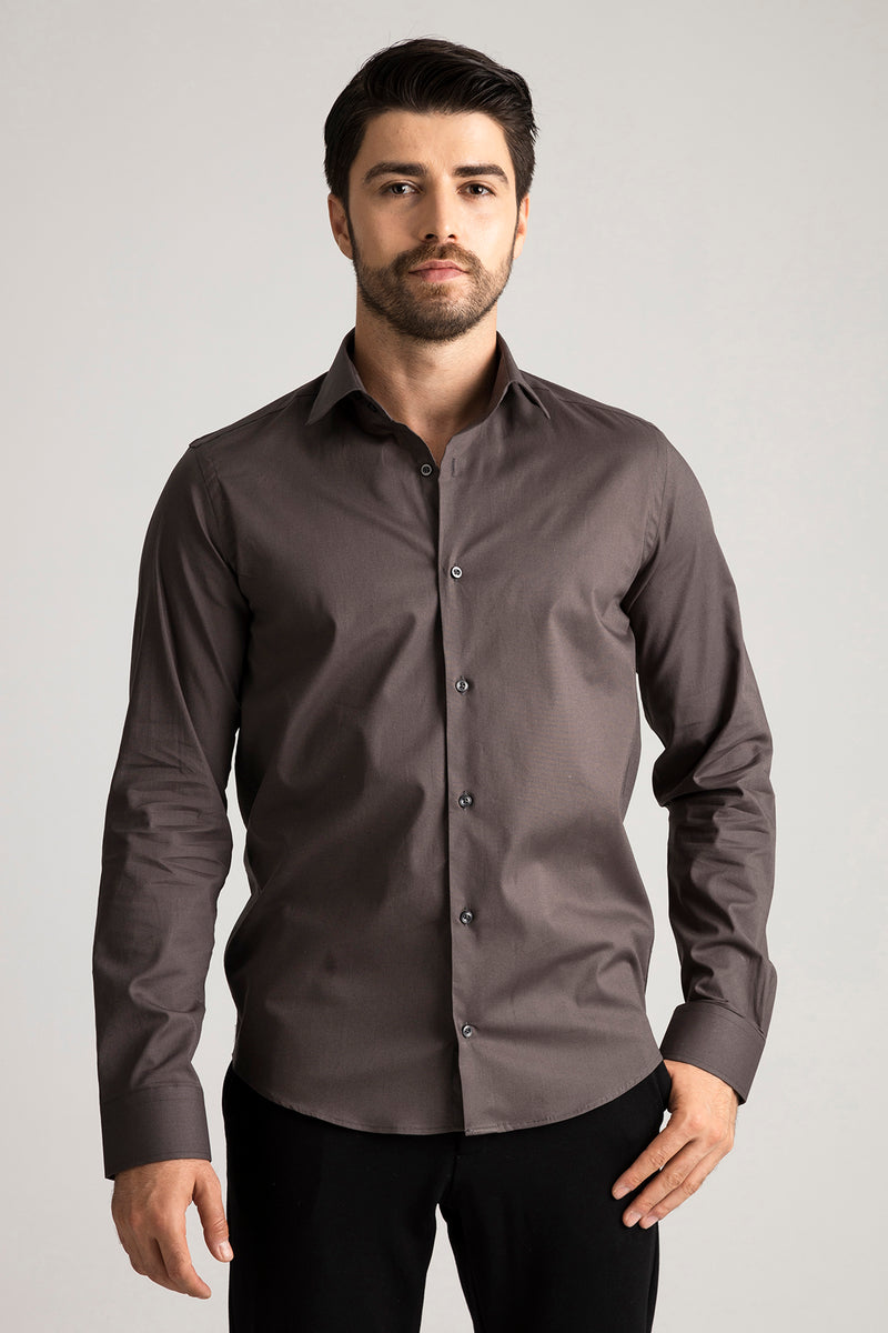 Antrasit %100 Pamuk Saten Non-Iron Ütü İstemeyen Casual Cepsiz Modern Fit Gömlek