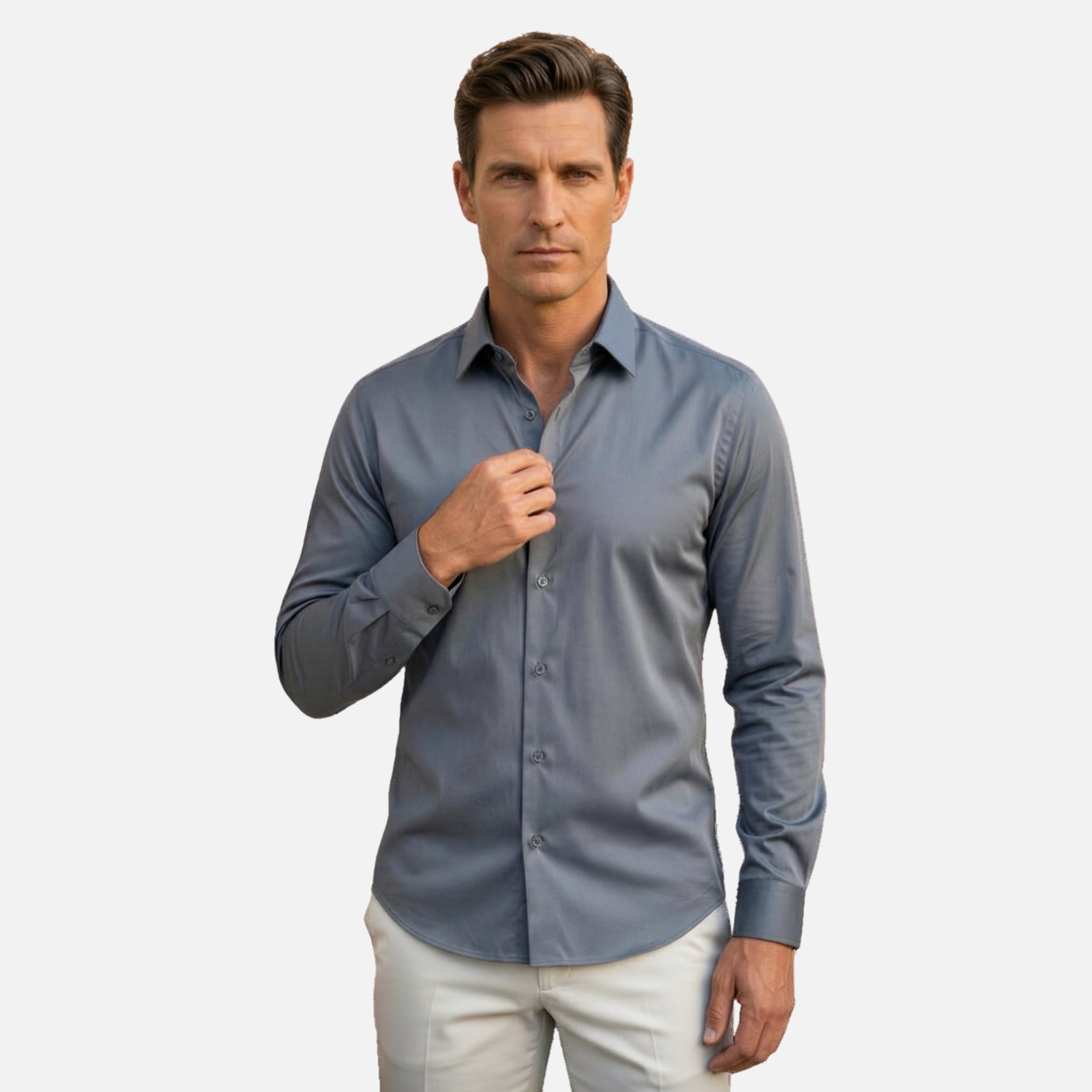 Antrasit Rengi Pamuk Saten Non-Iron Ütü İstemeyen Casual Cepsiz Fit Gömlek