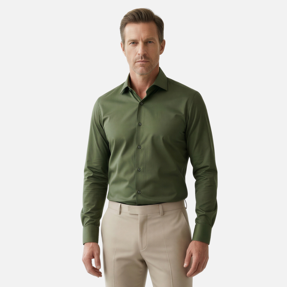 Haki Rengi Pamuk Saten Non-Iron Ütü İstemeyen Casual Cepsiz Fit Gömlek