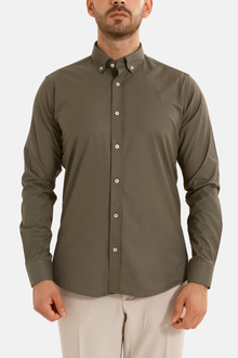 Haki Oxford Düğmeli Yaka Pamuk Likra Slim Fit Casual Cepsiz Gömlek