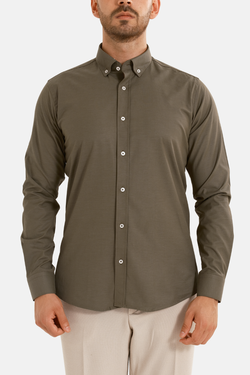 Haki Oxford Düğmeli Yaka Pamuk Likra Slim Fit Casual Cepsiz Gömlek