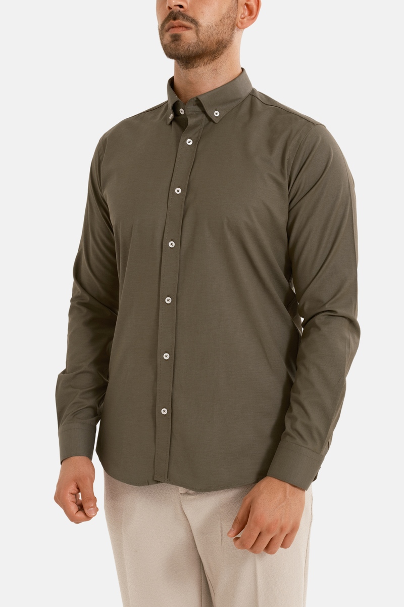 Haki Oxford Düğmeli Yaka Pamuk Likra Slim Fit Casual Cepsiz Gömlek