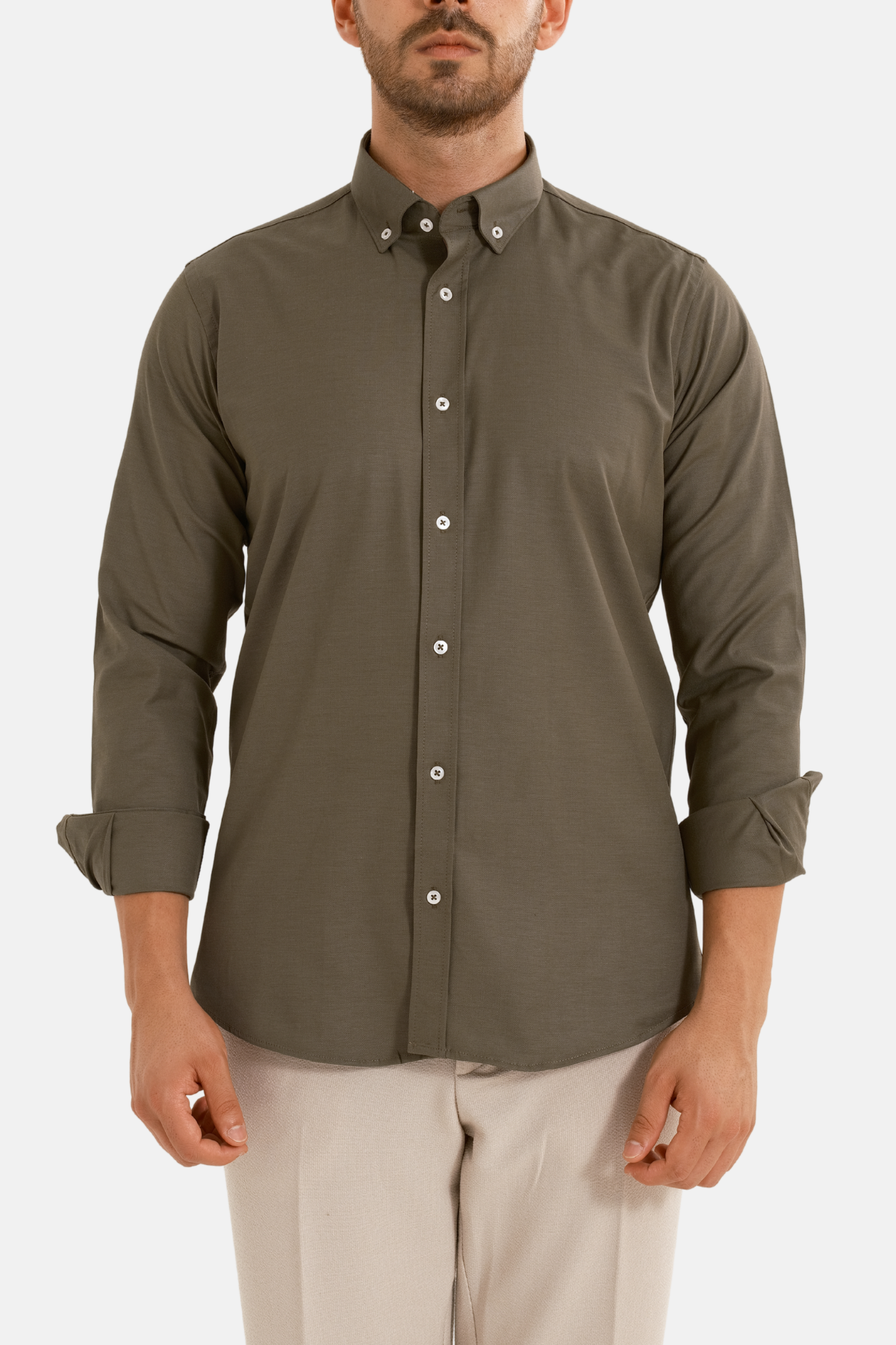 Haki Oxford Düğmeli Yaka Pamuk Likra Slim Fit Casual Cepsiz Gömlek