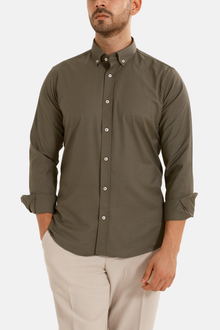 Haki Oxford Düğmeli Yaka Pamuk Likra Slim Fit Casual Cepsiz Gömlek
