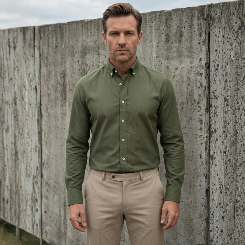 Haki Oxford Düğmeli Yaka Pamuk Likra Slim Fit Casual Cepsiz Gömlek