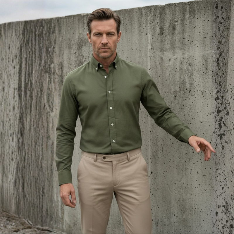 Haki Oxford Düğmeli Yaka Pamuk Likra Slim Fit Casual Cepsiz Gömlek