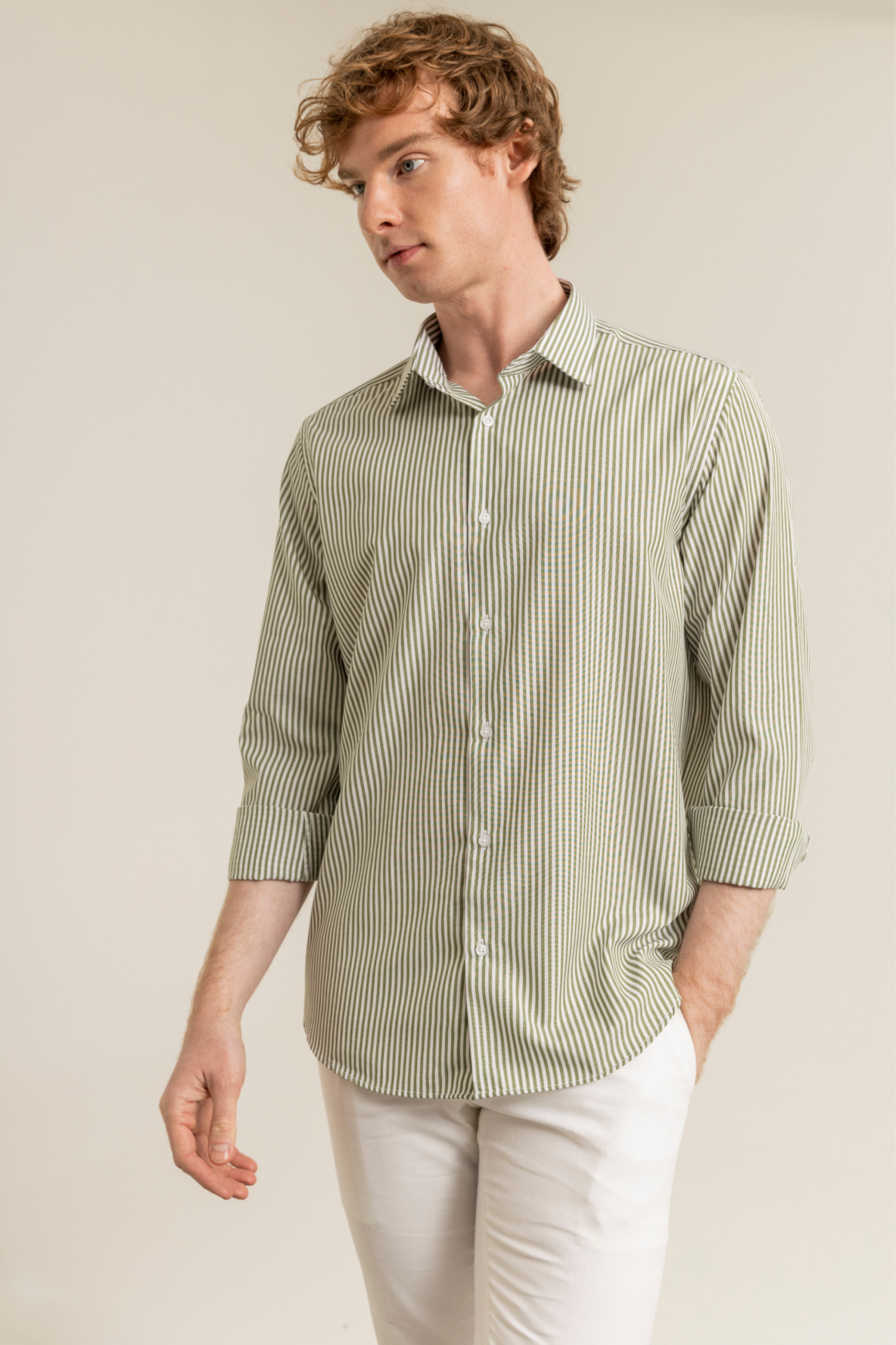 Yağ Yeşili Çizgili Pamuk Polyester Kolay Ütülenebilir Casual Cepsiz Modern Fit Gömlek