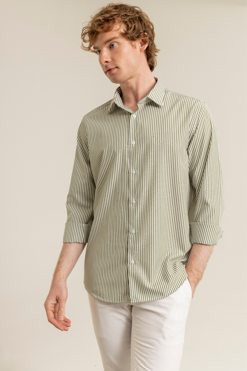 Yağ Yeşili Çizgili Pamuk Polyester Kolay Ütülenebilir Casual Cepsiz Modern Fit Gömlek