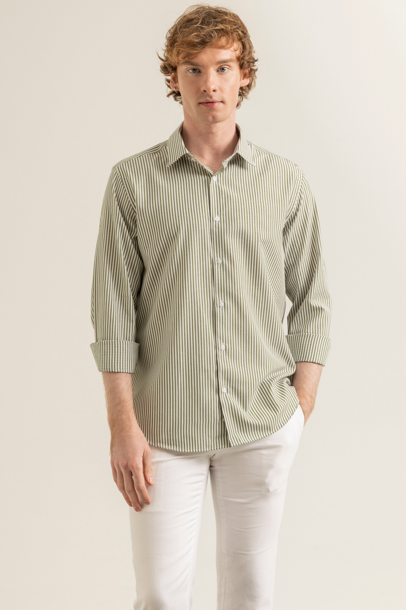 Yağ Yeşili Çizgili Pamuk Polyester Kolay Ütülenebilir Casual Cepsiz Modern Fit Gömlek
