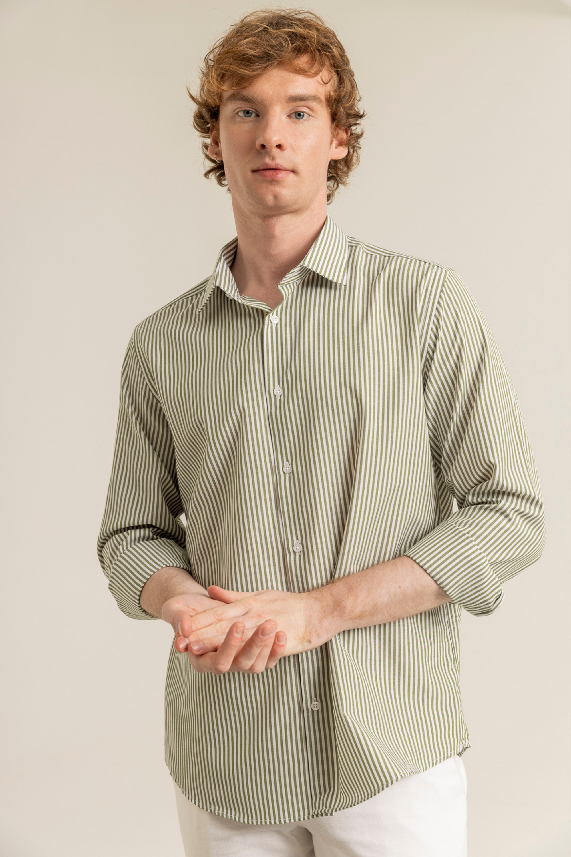 Yağ Yeşili Çizgili Pamuk Polyester Kolay Ütülenebilir Casual Cepsiz Modern Fit Gömlek