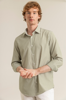 Yağ Yeşili Çizgili Pamuk Polyester Kolay Ütülenebilir Casual Cepsiz Modern Fit Gömlek