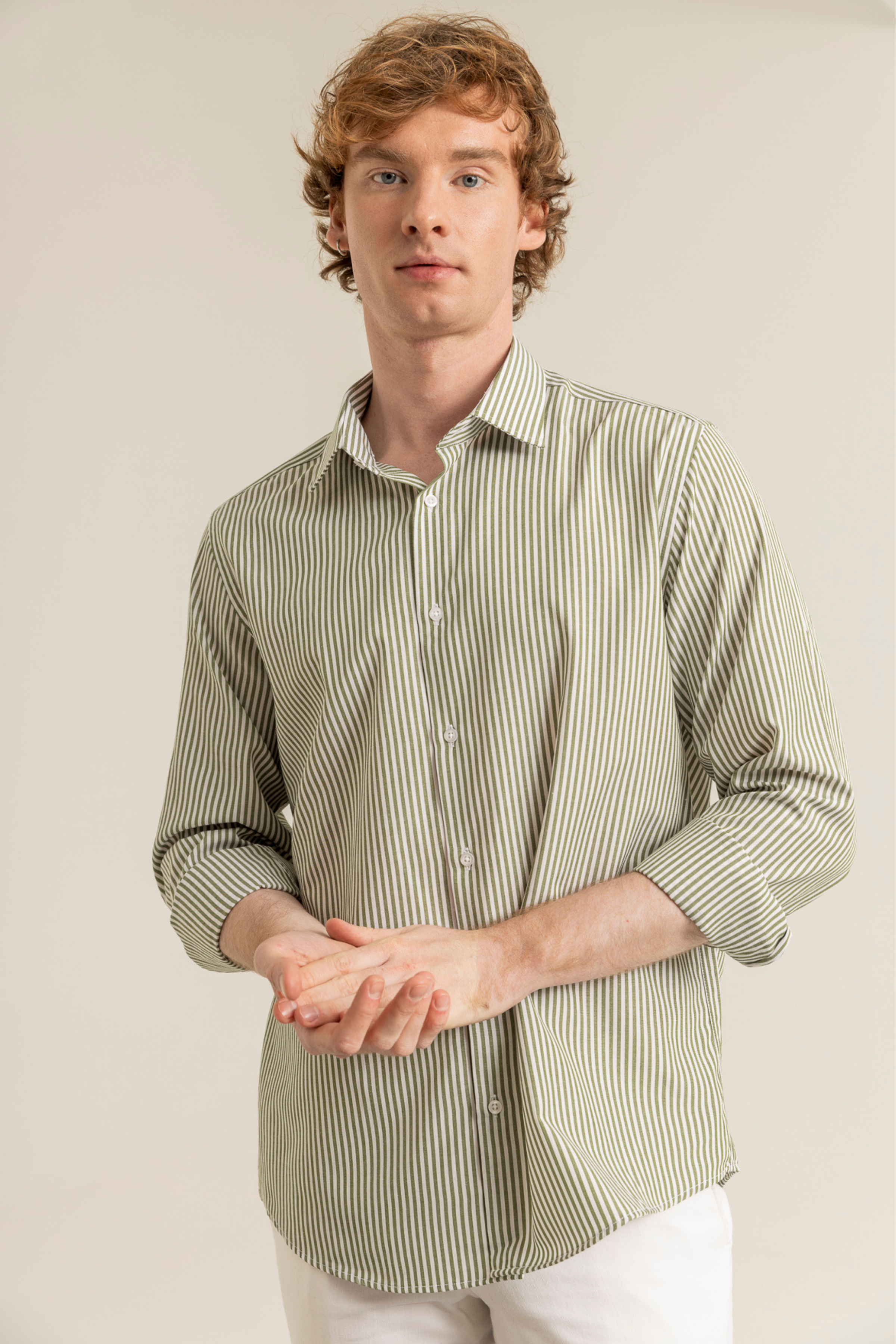 Yağ Yeşili Çizgili Pamuk Polyester Kolay Ütülenebilir Casual Cepsiz Modern Fit Gömlek