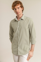 Yağ Yeşili Çizgili Pamuk Polyester Kolay Ütülenebilir Casual Cepsiz Modern Fit Gömlek