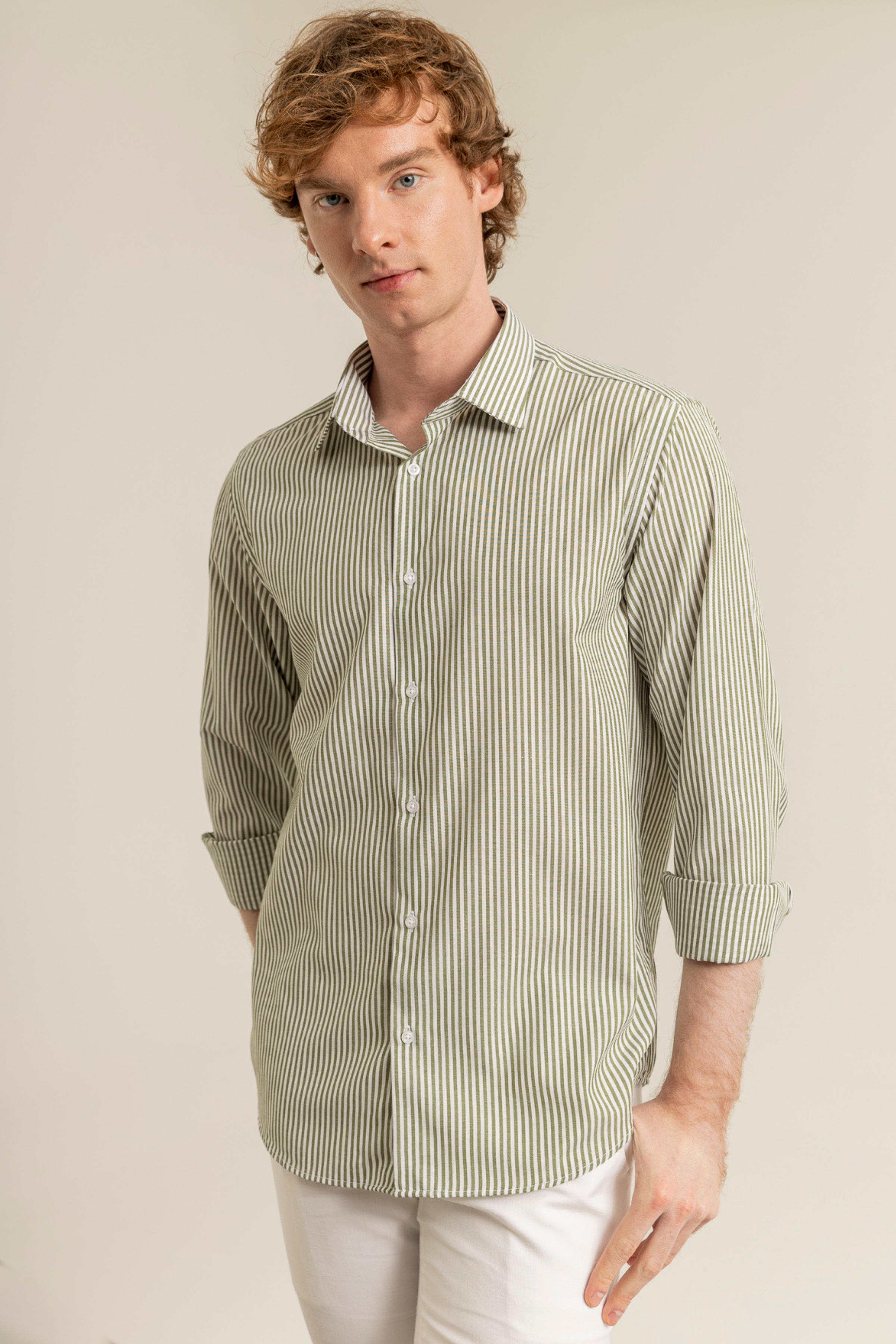 Yağ Yeşili Çizgili Pamuk Polyester Kolay Ütülenebilir Casual Cepsiz Modern Fit Gömlek