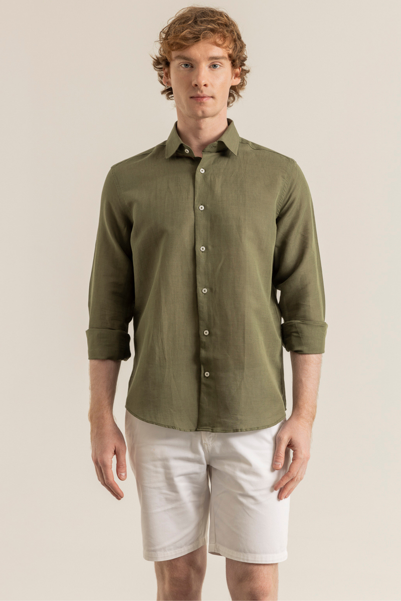 Haki %100 Keten Düğmeli Yaka Casual Modern Fit Cepsiz Gömlek