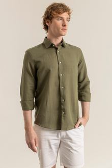Haki %100 Keten Düğmeli Yaka Casual Modern Fit Cepsiz Gömlek