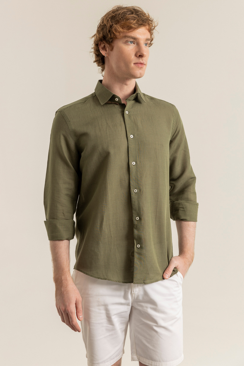 Haki %100 Keten Düğmeli Yaka Casual Modern Fit Cepsiz Gömlek