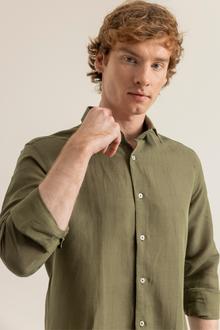 Haki %100 Keten Düğmeli Yaka Casual Modern Fit Cepsiz Gömlek