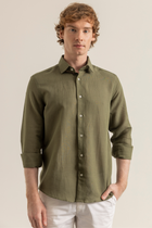 Haki %100 Keten Düğmeli Yaka Casual Modern Fit Cepsiz Gömlek