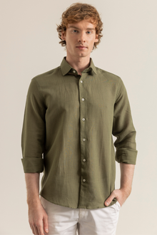 Haki %100 Keten Düğmeli Yaka Casual Modern Fit Cepsiz Gömlek