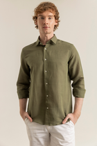 Haki %100 Keten Düğmeli Yaka Casual Modern Fit Cepsiz Gömlek
