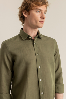 Haki %100 Keten Düğmeli Yaka Casual Modern Fit Cepsiz Gömlek