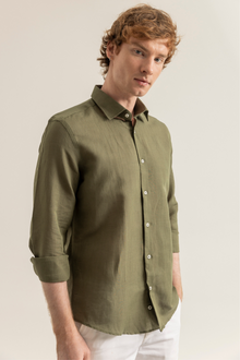 Haki %100 Keten Düğmeli Yaka Casual Modern Fit Cepsiz Gömlek