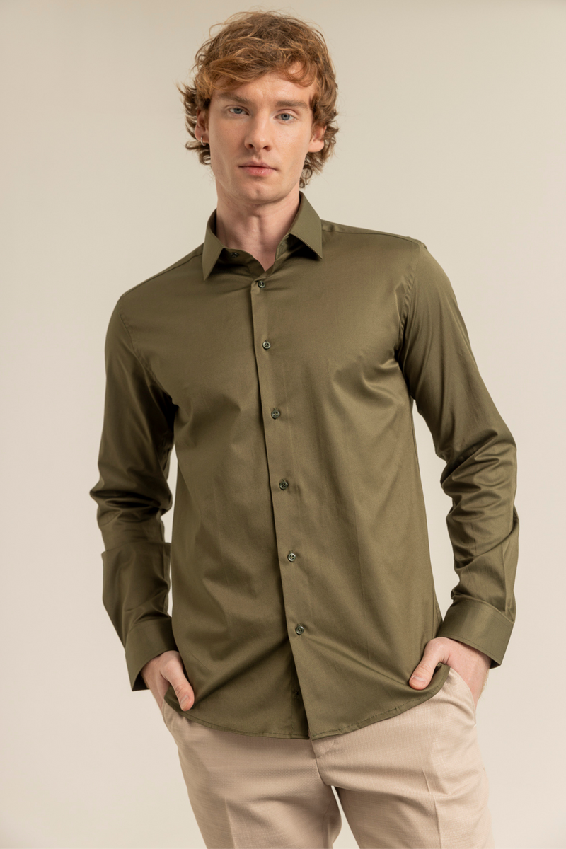 Haki %100 Pamuk Saten Non-Iron Ütü İstemeyen Casual Cepsiz Modern Fit Gömlek