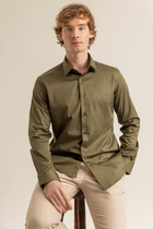 Haki %100 Pamuk Saten Non-Iron Ütü İstemeyen Casual Cepsiz Modern Fit Gömlek