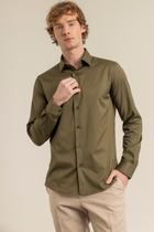 Haki %100 Pamuk Saten Non-Iron Ütü İstemeyen Casual Cepsiz Modern Fit Gömlek