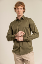 Haki %100 Pamuk Saten Non-Iron Ütü İstemeyen Casual Cepsiz Modern Fit Gömlek