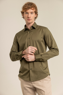 Haki %100 Pamuk Saten Non-Iron Ütü İstemeyen Casual Cepsiz Modern Fit Gömlek
