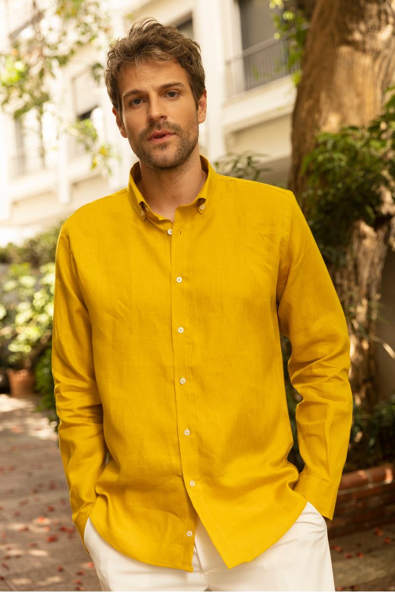 Hardal %100 Keten Düğmeli Yaka Casual Modern Fit Cepsiz Gömlek