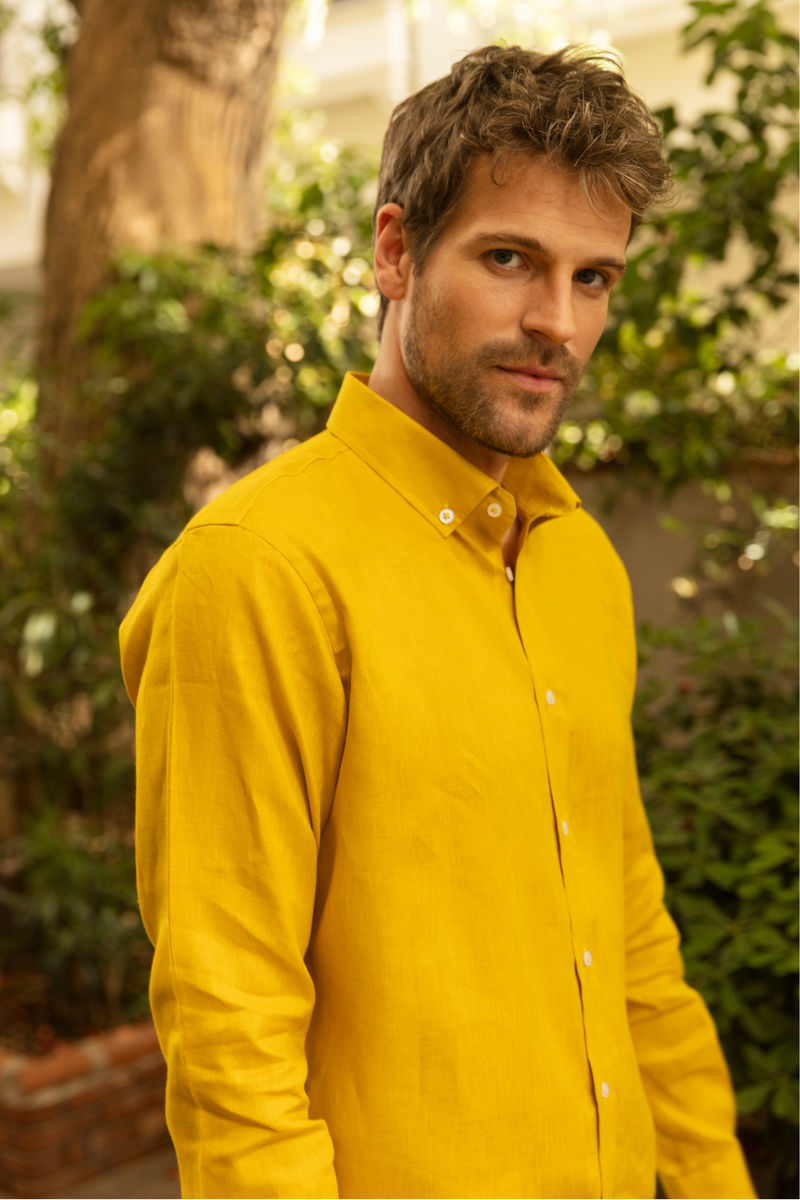 Hardal %100 Keten Düğmeli Yaka Casual Modern Fit Cepsiz Gömlek