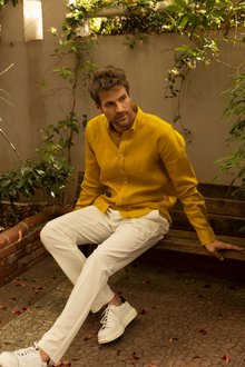 Hardal %100 Keten Düğmeli Yaka Casual Modern Fit Cepsiz Gömlek