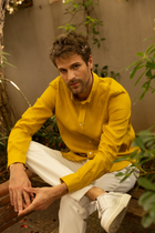 Hardal %100 Keten Düğmeli Yaka Casual Modern Fit Cepsiz Gömlek