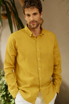 Hardal %100 Keten Düğmeli Yaka Casual Modern Fit Cepsiz Gömlek