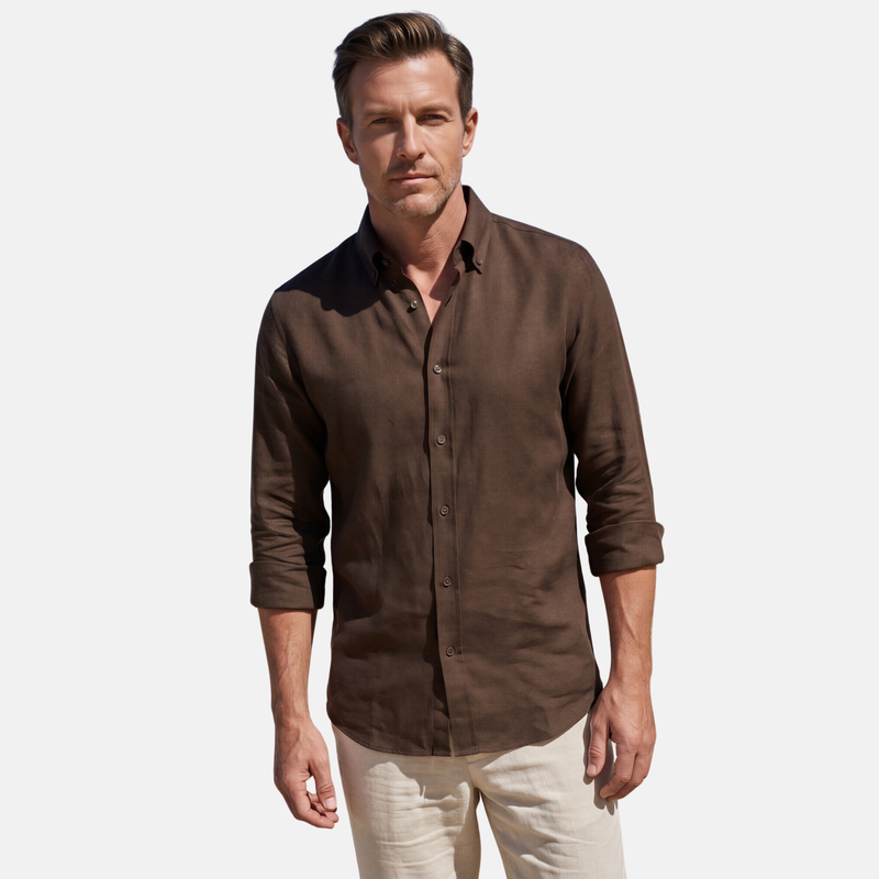 Kahverengi %100 Keten Düğmeli Yaka Casual Modern Fit Cepsiz Gömlek