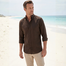 Kahverengi %100 Keten Düğmeli Yaka Casual Modern Fit Cepsiz Gömlek